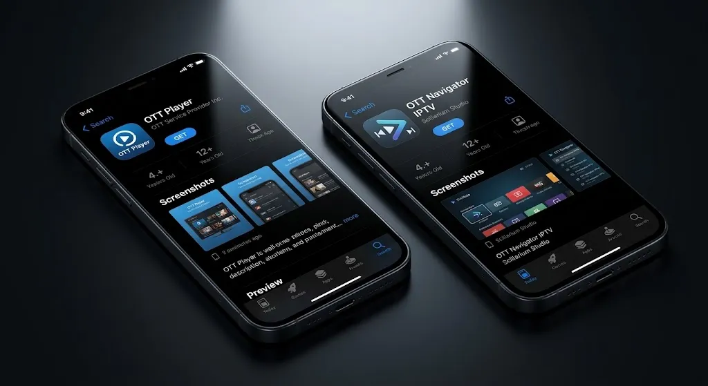 OTT Navigator and OTT Player app listings from different developers