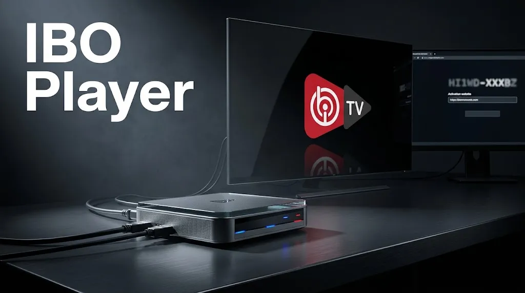 IBO Player official app logo on a cinematic IPTV activation setup