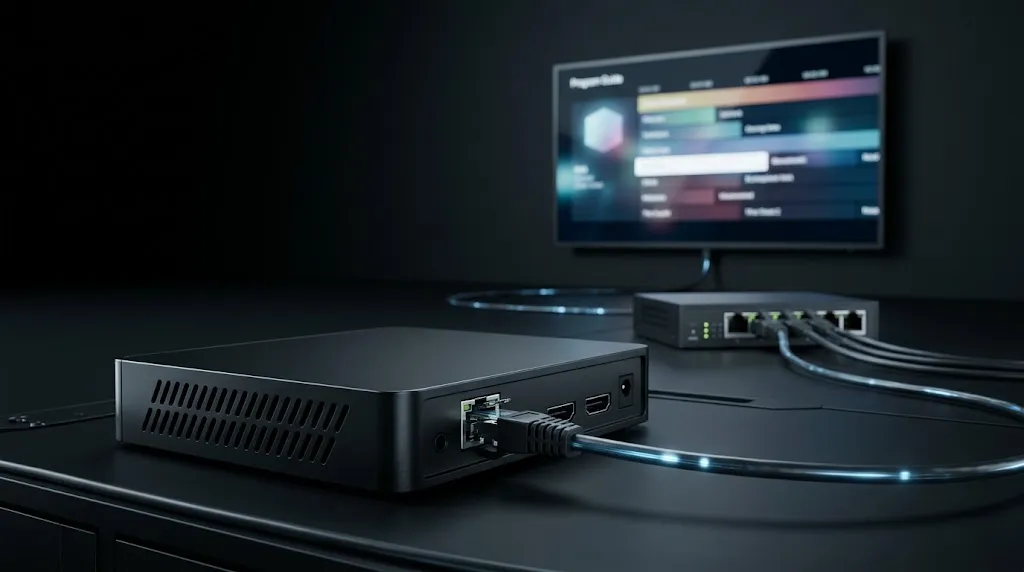 Dedicated IPTV box connected to a network during IPTV setup