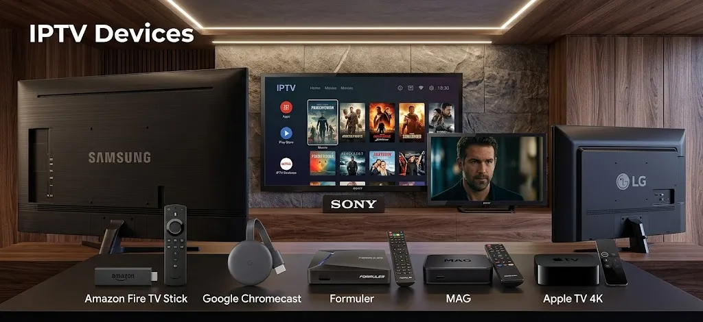 IPTV Devices including Fire TV, Google TV, Samsung, LG, Apple TV, MAG, Formuler and computers