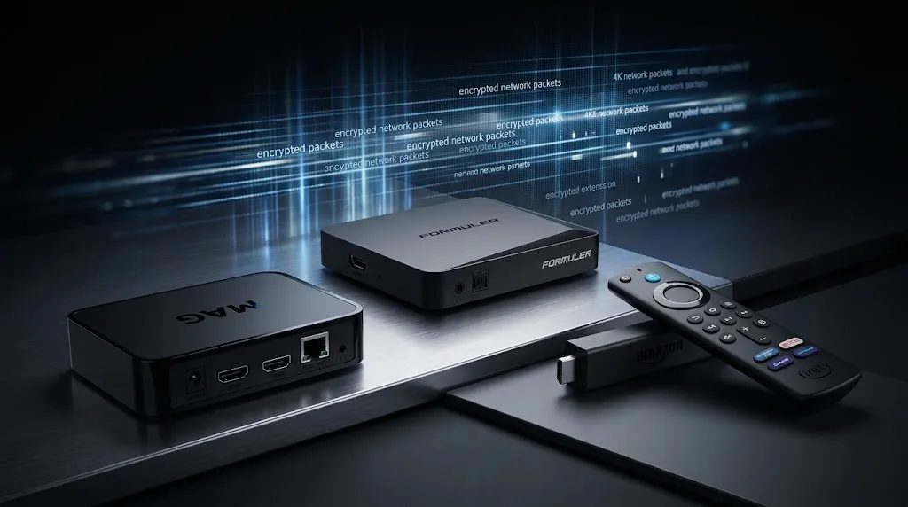 IPTV hardware including a MAG set-top box, Formuler box and streaming device separated from digital service access