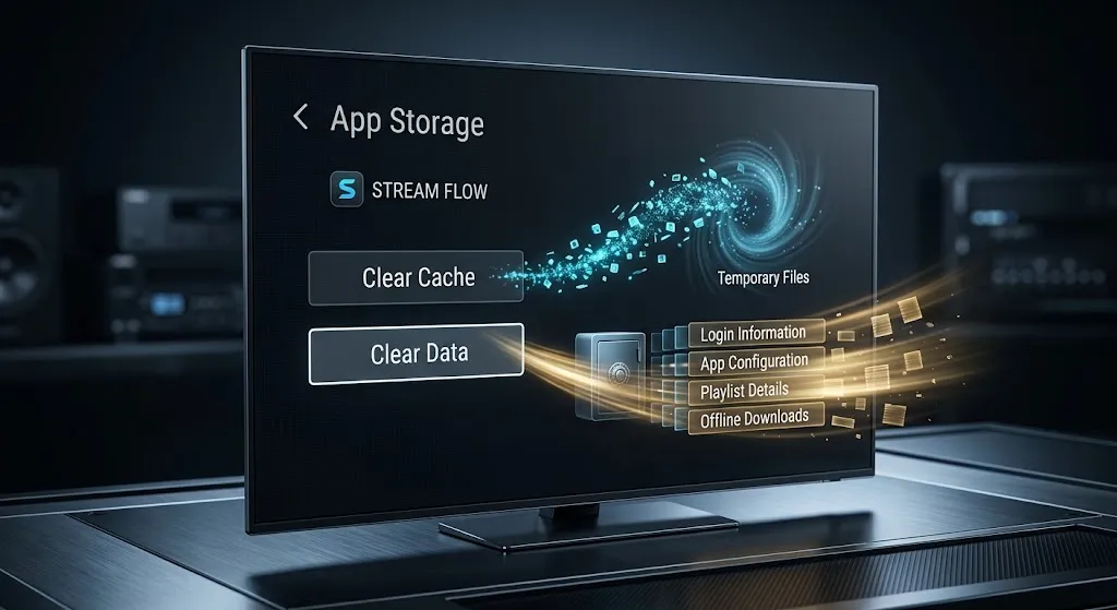 Clear Cache and Clear Data options in an IPTV player