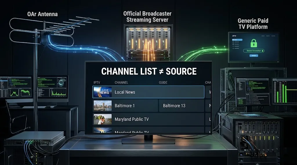 Maryland local channels in an IPTV playlist and authorized TV sources