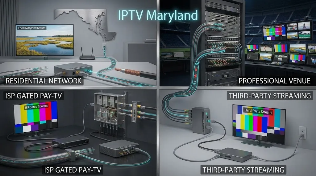 Four distinct IPTV Maryland contexts showing home television, Fios equipment, venue infrastructure, and third-party streaming