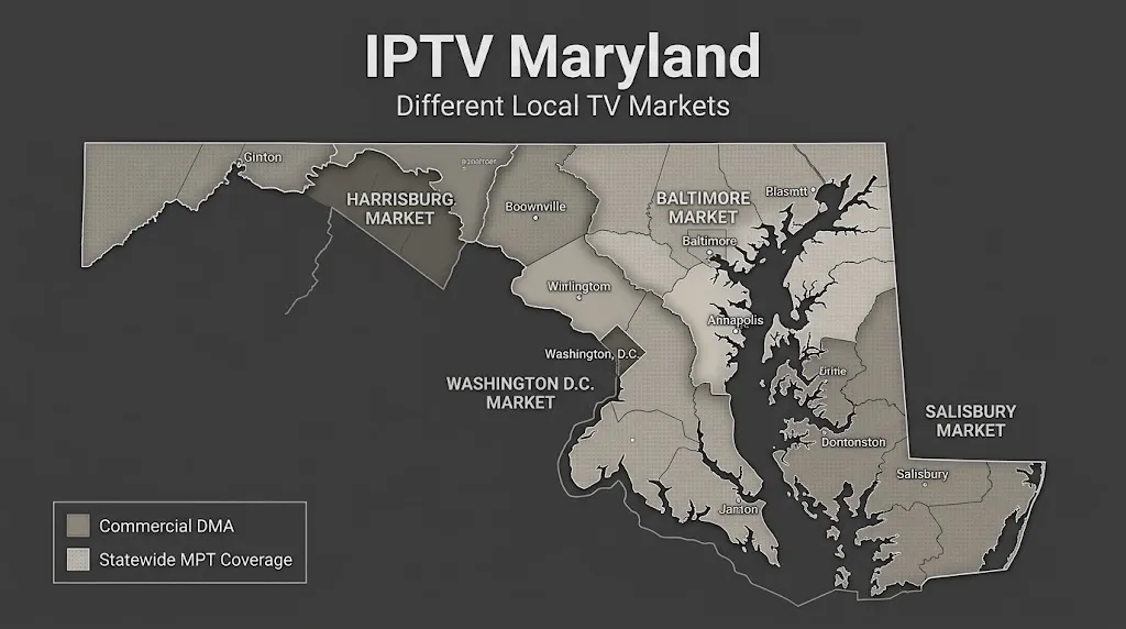 Maryland television market map showing different local broadcast markets across the state