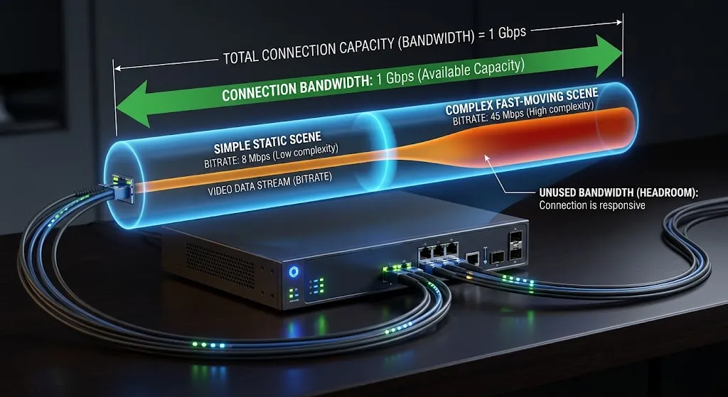 IPTV bandwidth versus video bitrate showing the difference between connection capacity and streaming data