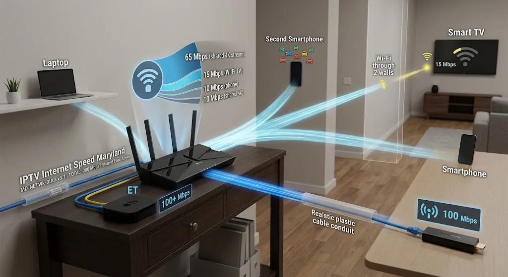 IPTV internet speed Maryland household network showing Wi-Fi distance, wired connection, and shared bandwidth