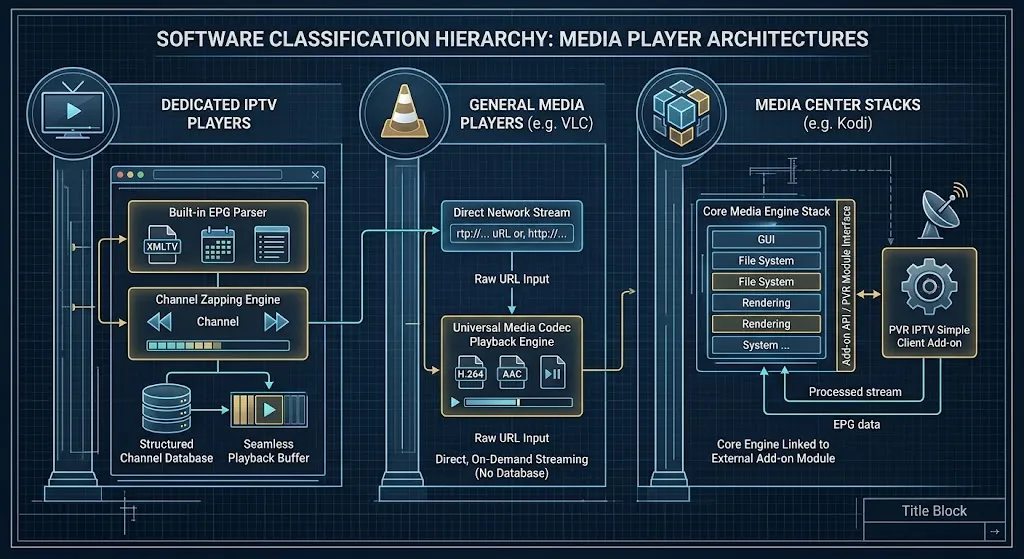 Classification diagram comparing Dedicated IPTV Players, General Media Players, and Media Center software stacks