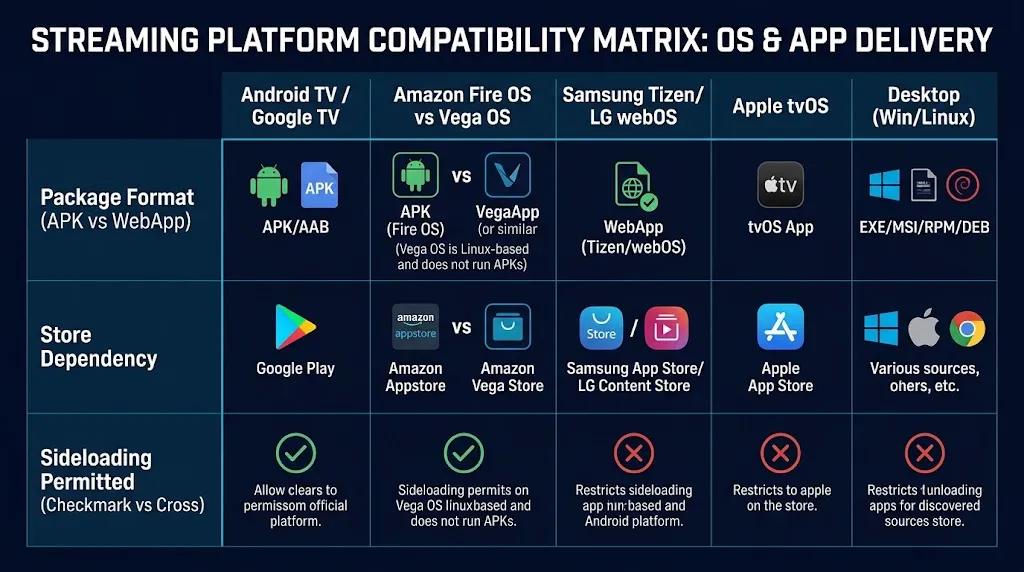 OS compatibility chart mapping Android TV, Fire OS vs Vega OS, Tizen, webOS, and tvOS with sideloading capabilities