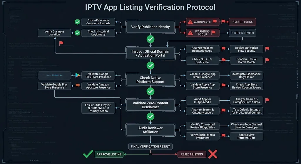 Decision tree flowchart for verifying an IPTV player app listing: Publisher identity, domain legitimacy, formats, and disclaimer checks