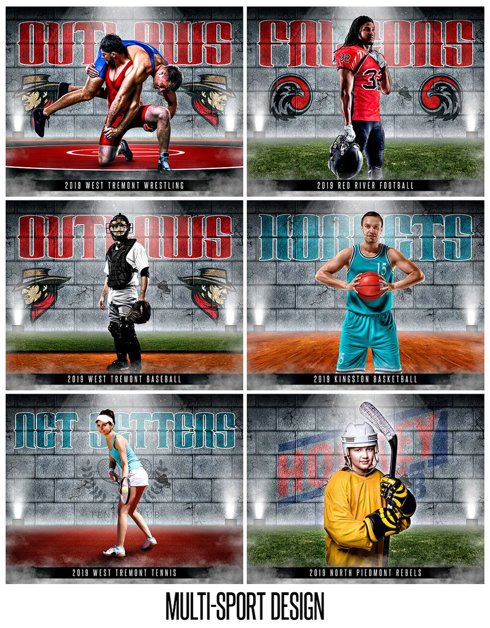 Composite graphic displaying a collection of six unique 2019 sports team posters, designed for Maryland IPTV setup guides and branding. Each poster features distinct sports action, textured typography, team logos, and stylized backgrounds: Top Row: Outlaws Wrestling and Falcons Football; Middle Row: Outlaws Baseball and Hornets Basketball; Bottom Row: Net Setters Tennis and Hockey Club Hockey. A concrete wall background with spotlights and smoky effects provides a unified, professional look.