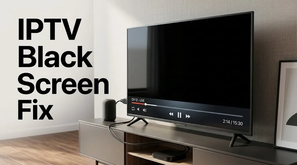 IPTV Black Screen Fix showing a streaming device and TV with a missing video picture