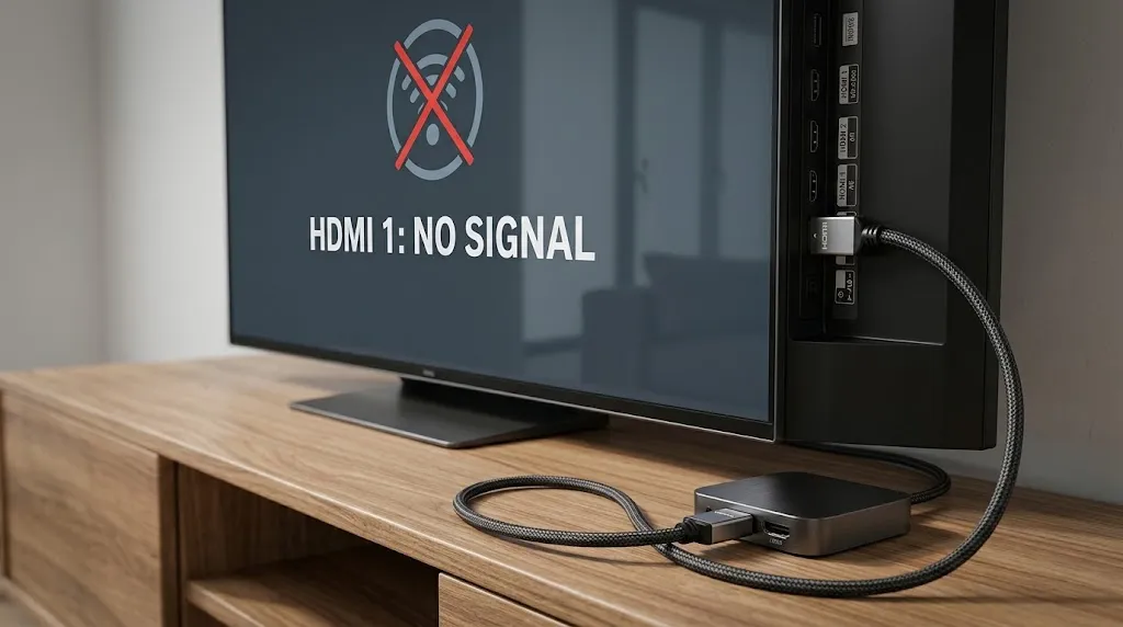 IPTV black screen diagnosis with a TV showing No Signal and an HDMI-connected streaming device