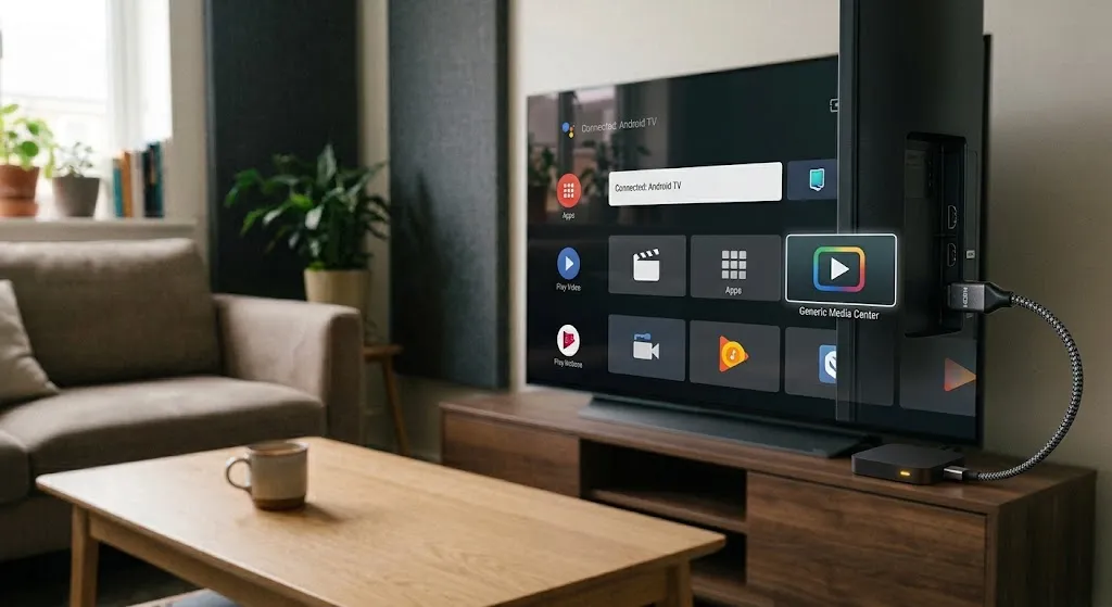 LG Smart TV displaying an Android IPTV player through an HDMI streaming device