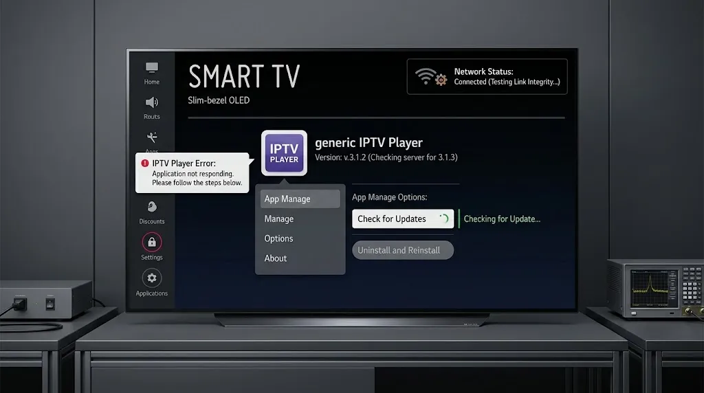 Fix an IPTV app on LG Smart TV by checking the connection, updating the app, and reinstalling it