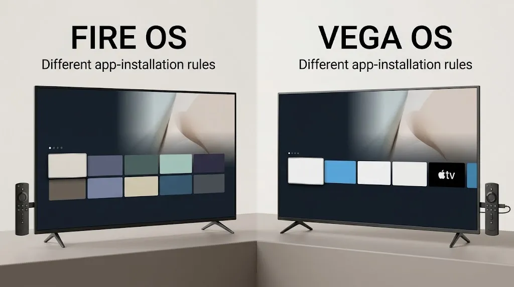 Fire TV Fire OS vs Vega OS showing two different app installation environments