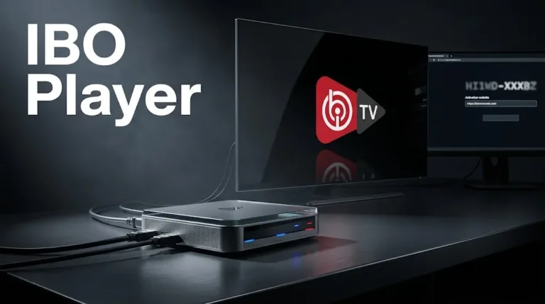 IBO Player official app logo on a cinematic IPTV activation setup