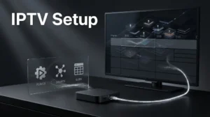 IPTV Setup showing a streaming device, source connection, and electronic program guide
