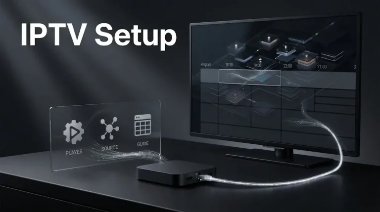 IPTV Setup showing a streaming device, source connection, and electronic program guide