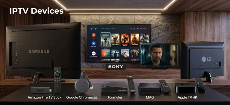 IPTV Devices including Fire TV, Google TV, Samsung, LG, Apple TV, MAG, Formuler and computers