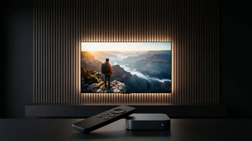 Modern living room entertainment setup featuring a 4K OLED TV displaying smooth high-definition streaming with a TV box remote control.


