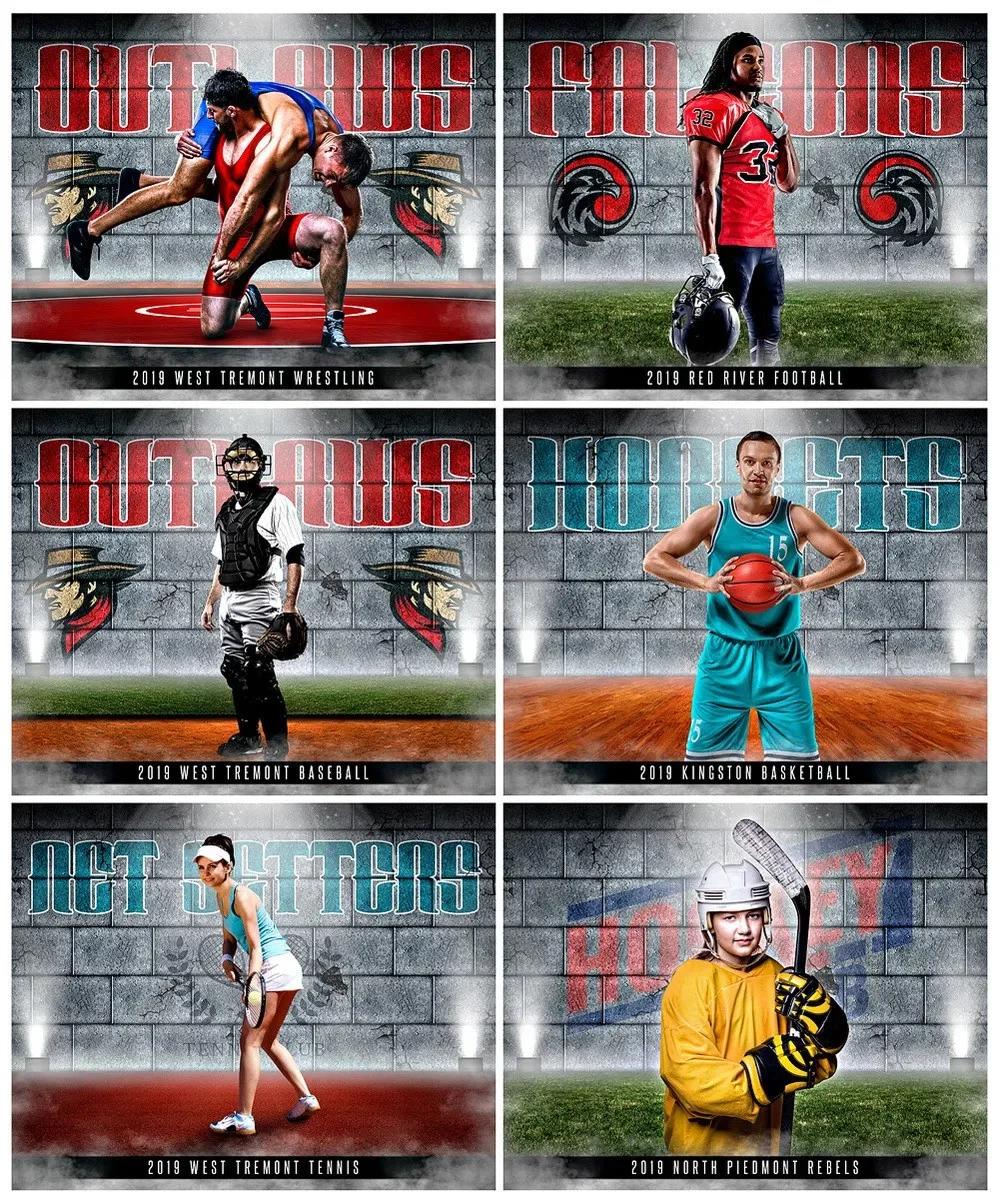 Composite graphic displaying a collection of six unique 2019 sports team posters, designed for Maryland IPTV setup guides and branding. Each poster features distinct sports action, textured typography, team logos, and stylized backgrounds: Top Row: Outlaws Wrestling and Falcons Football; Middle Row: Outlaws Baseball and Hornets Basketball; Bottom Row: Net Setters Tennis and Hockey Club Hockey. A concrete wall background with spotlights and smoky effects provides a unified, professional look.