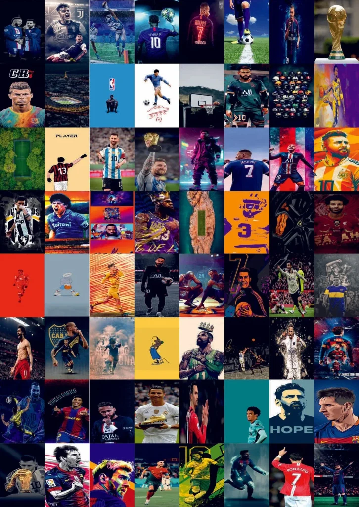 Wall collage of iconic soccer and basketball legends including Messi, Ronaldo, Neymar, and LeBron James representing live sports channels on Maryland IPTV
