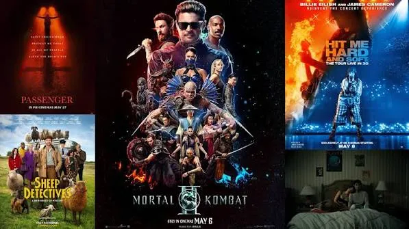 Banner collage displaying movie posters including Mortal Kombat II, Passenger, The Sheep Detectives, and Billie Eilish Hit Me Hard and Soft concert representing VOD releases on Maryland IPTV
