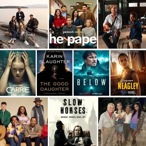 Grid collage of popular TV series and streaming original shows representing the VOD library on Maryland IPTV