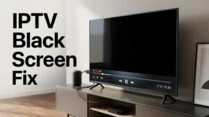 IPTV Black Screen Fix showing a streaming device and TV with a missing video picture