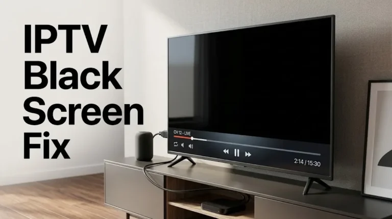 IPTV Black Screen Fix showing a streaming device and TV with a missing video picture