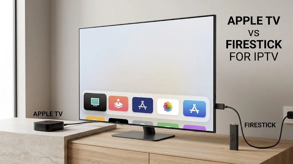 Apple TV vs Firestick for IPTV with Apple TV and Fire TV Stick connected to a TV