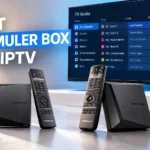 Formuler streaming boxes and remote controls on a clean table in front of a TV screen displaying an IPTV channel guide.