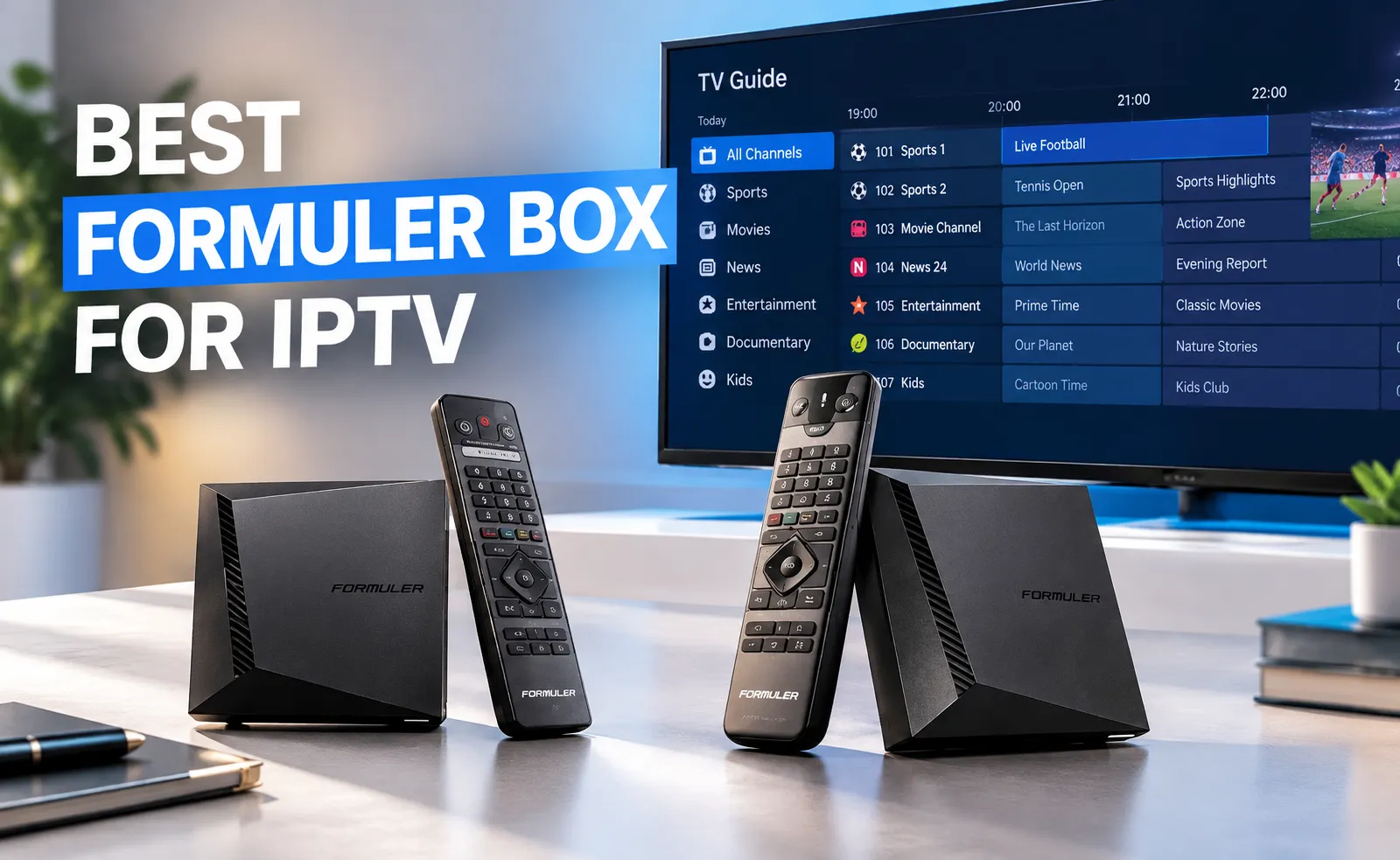 Formuler streaming boxes and remote controls on a clean table in front of a TV screen displaying an IPTV channel guide.
